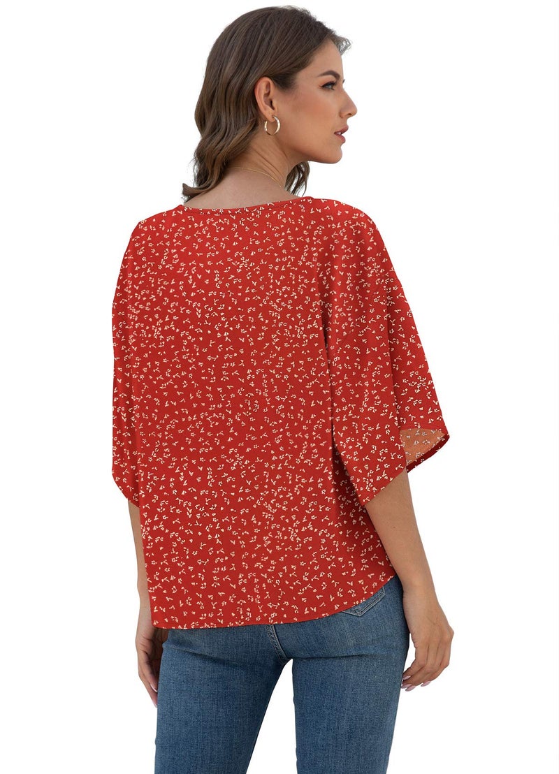VIISHOW Womens Tie Front Loose Short Sleeve V Neck Floral Blouses Chiffon Tops Summer Shirts(Floral red,X-Large) - Image 3